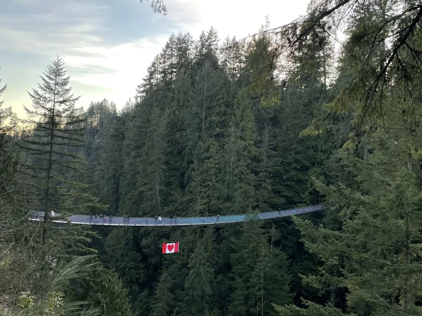 Puente colgante de Capilano con la bandera canadiense, North Shore de Vancouver