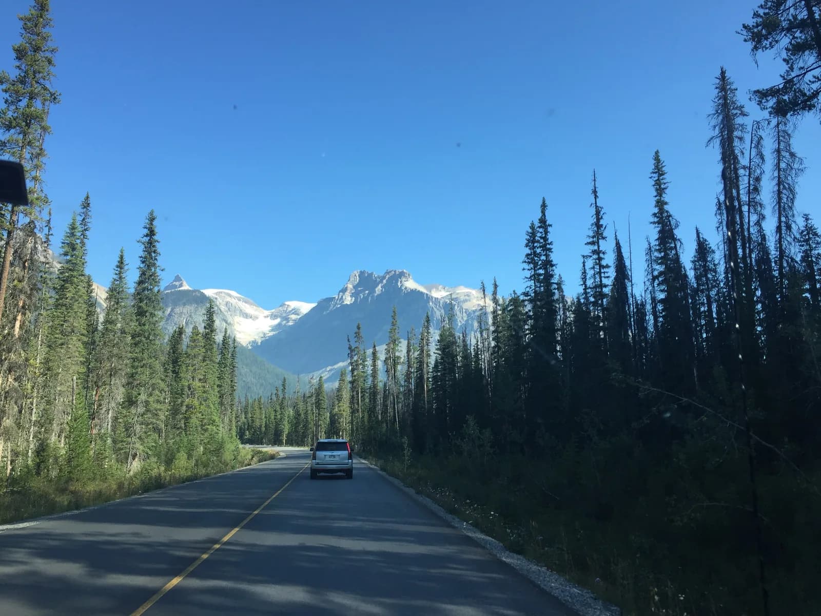 Carretera escénica atravesando las Montañas Rocosas, vista desde dentro del vehículo privado