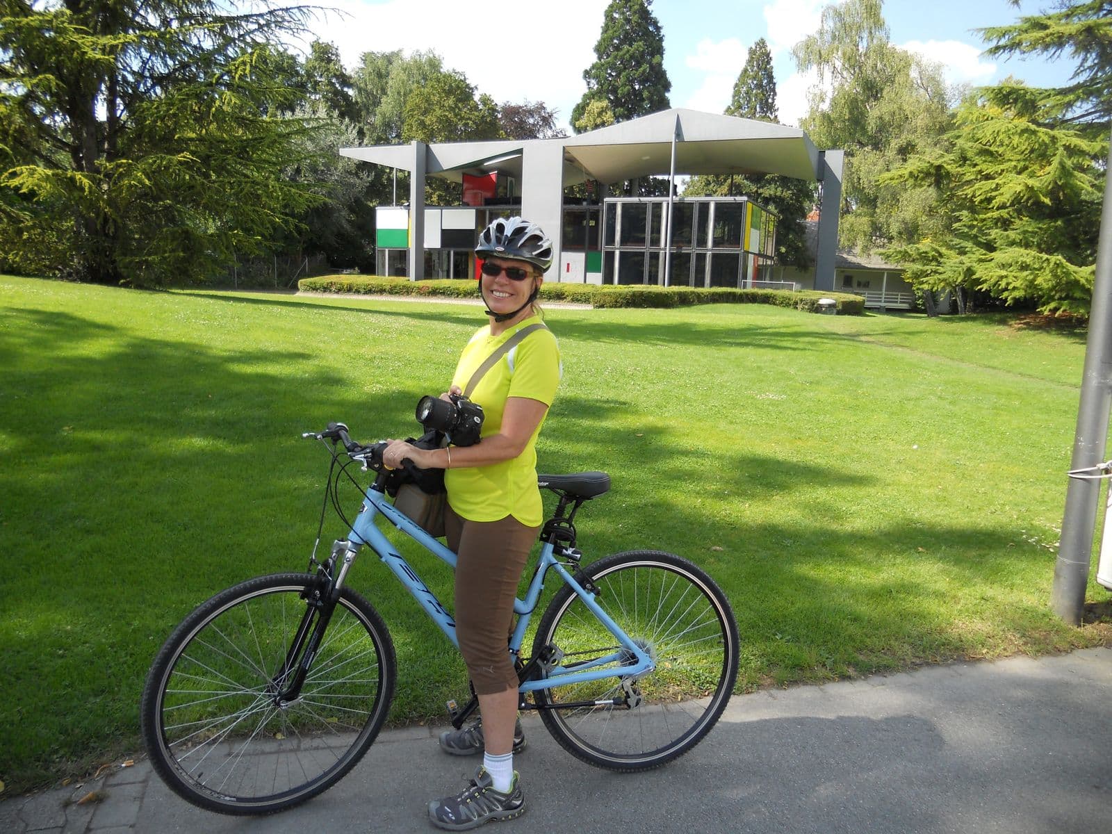 Cecilia cycling in Zurich, visiting Le Corbusier's house