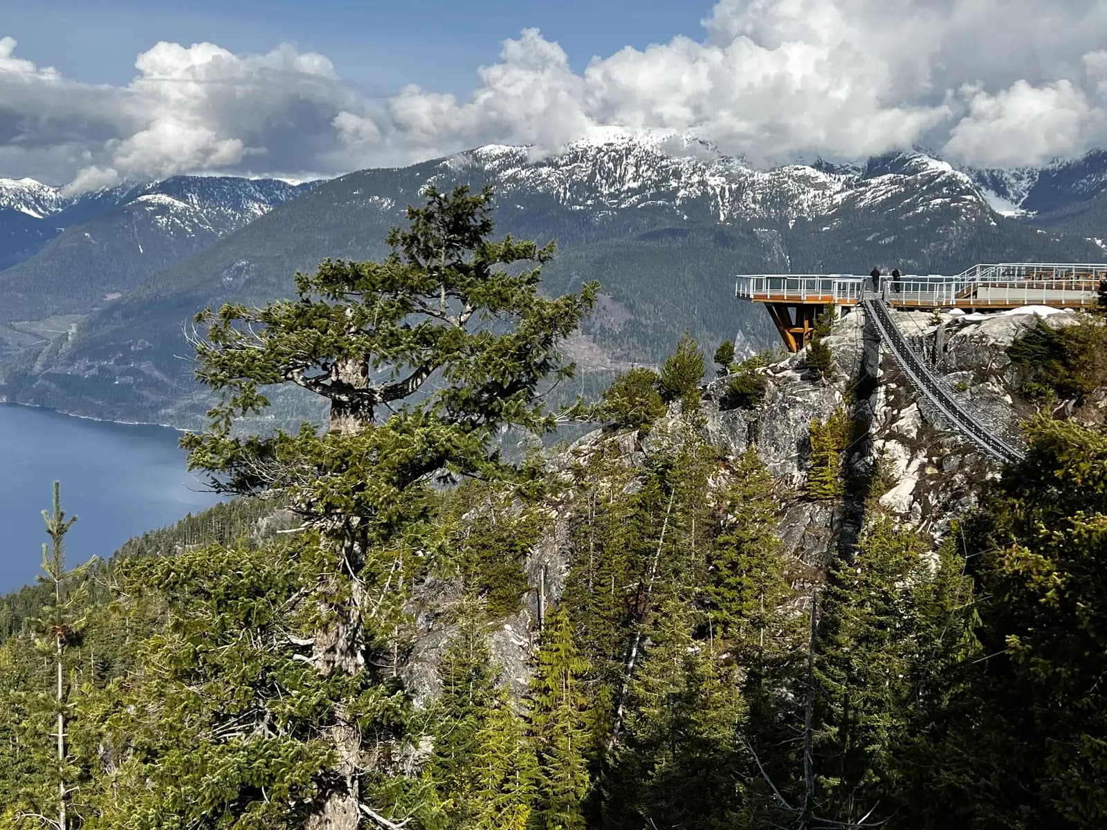 Vista panorâmica do topo da Sea to Sky Gondola em Squamish, com montanhas e fiorde ao fundo