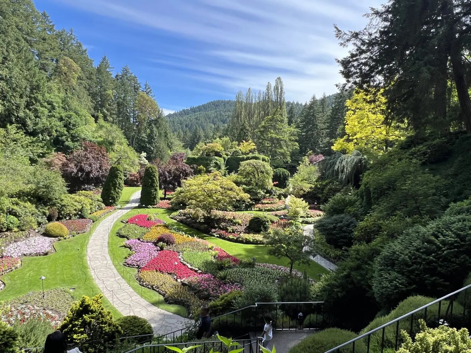 Vista aérea do Sunken Garden em Butchart Gardens, com caminho serpenteando entre os canteiros floridos