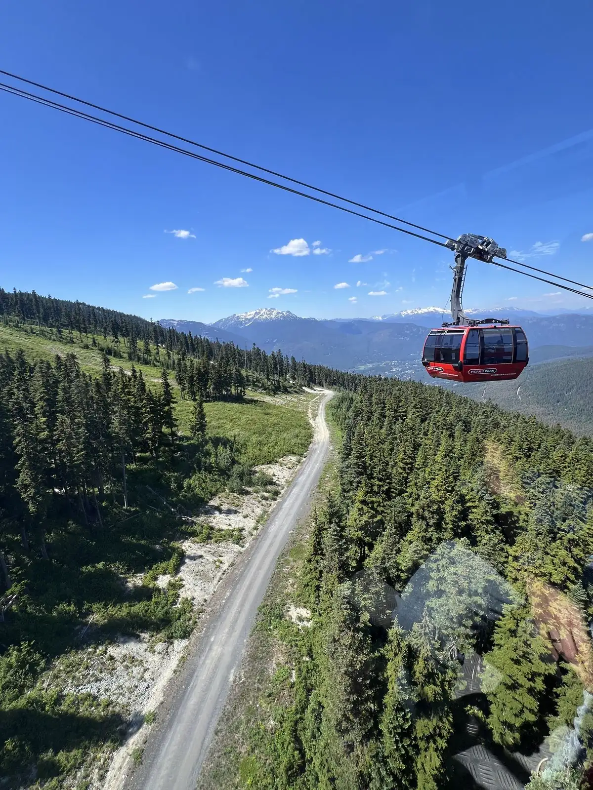 Gôndola vermelha do teleférico Peak 2 Peak sobre a floresta em Whistler